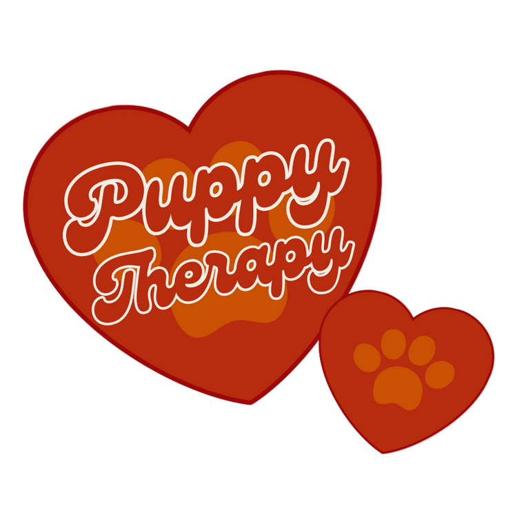 Heart-shaped logo with 'Puppy Therapy' text and a paw print on a beige background